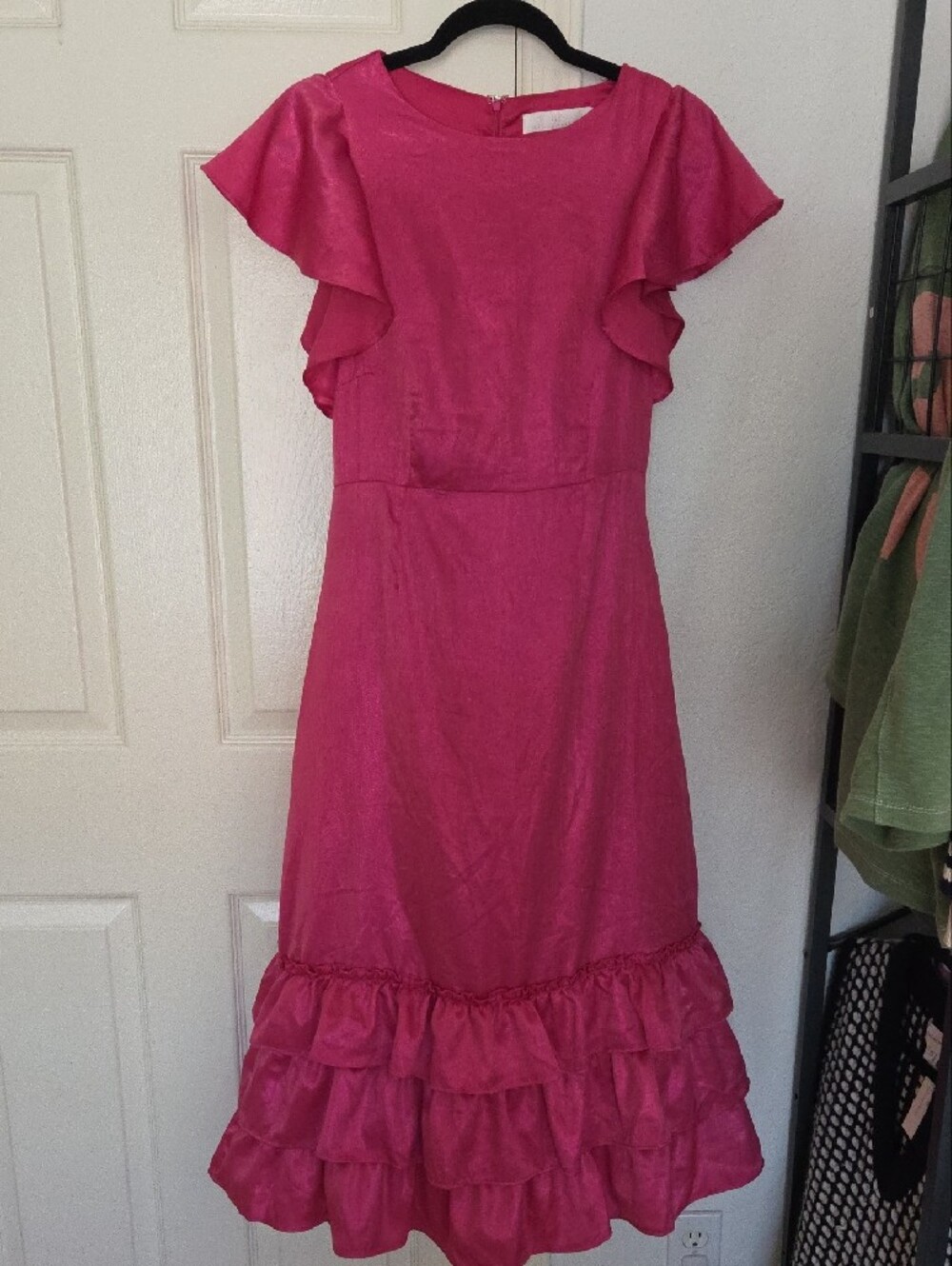 Rachel Parcell Flutter Sleeve Ruffle Sleeve Metallic Chiffom Berry Midi Dress 6 - Picture 3 of 14